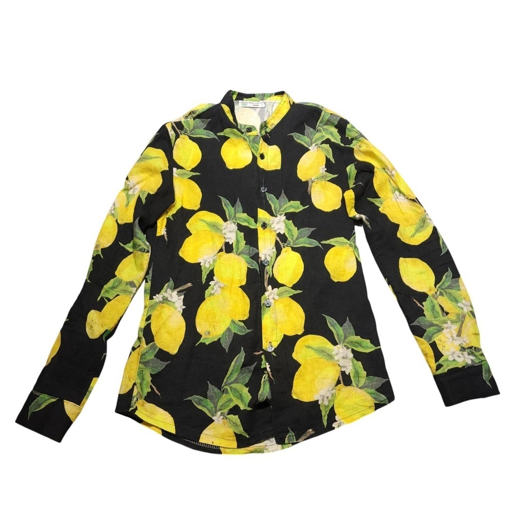 Pronto Moda Shirt Womens Small Black Lemon Print Long‎ Sleeve Linen Button Up
